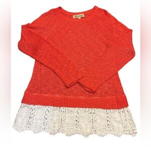 Democracy Vibrant Coral/Cream Sweater Lace Detail Layered Size Small Super Soft